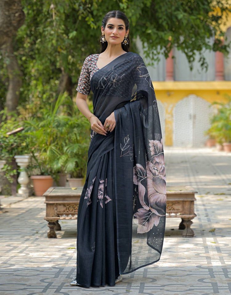 Black Linen Floral Printed Saree