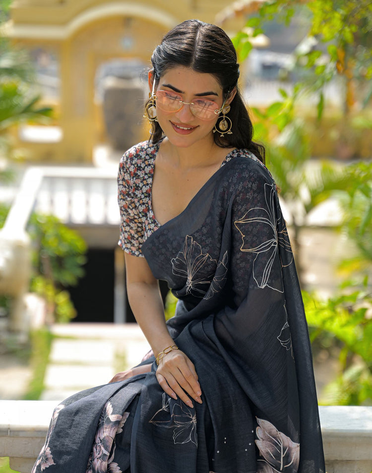 Black Linen Floral Printed Saree