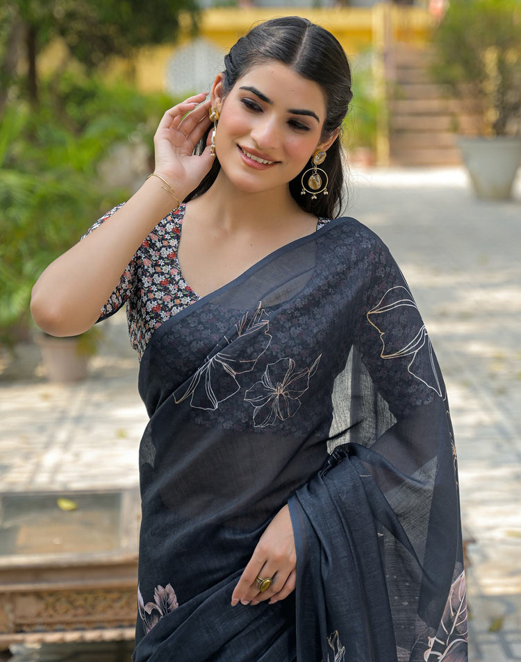 Black Linen Floral Printed Saree