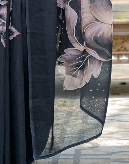 Black Linen Floral Printed Saree
