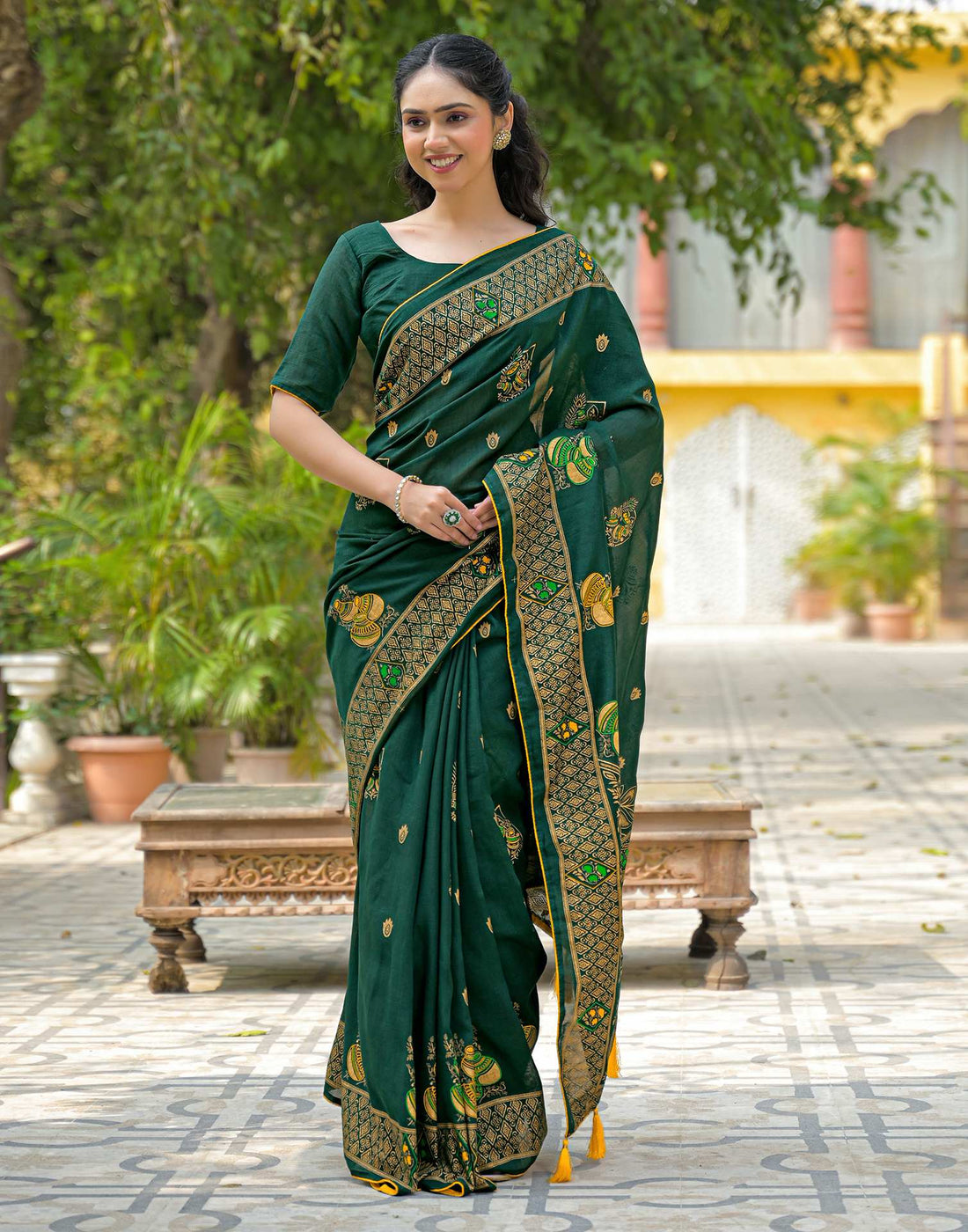 Green Vichitra Silk Foil Printed Saree