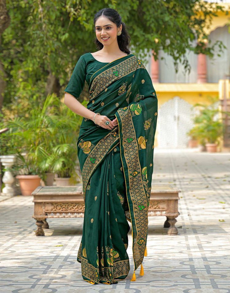 Green Vichitra Silk Foil Printed Saree
