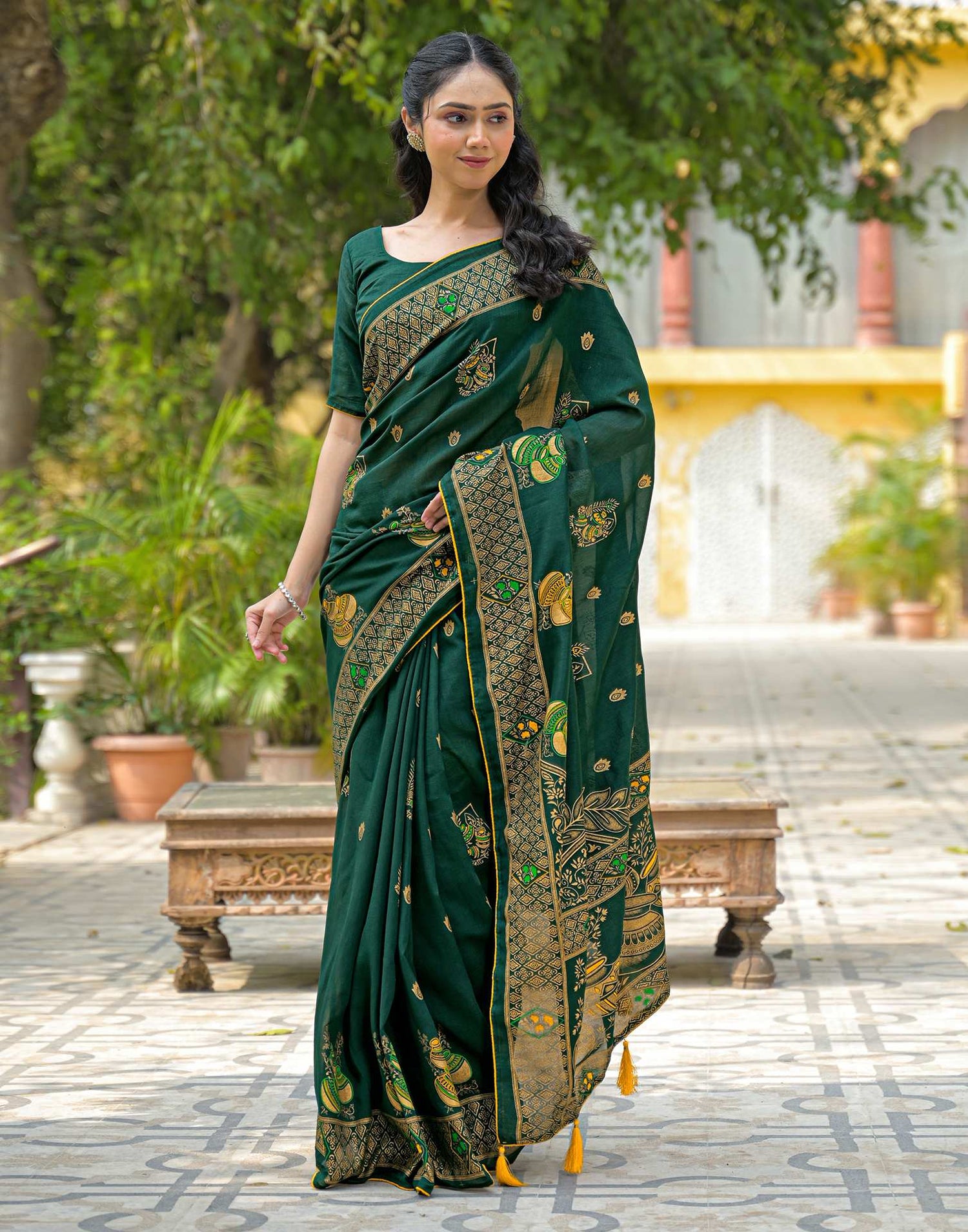 Green Vichitra Silk Foil Printed Saree