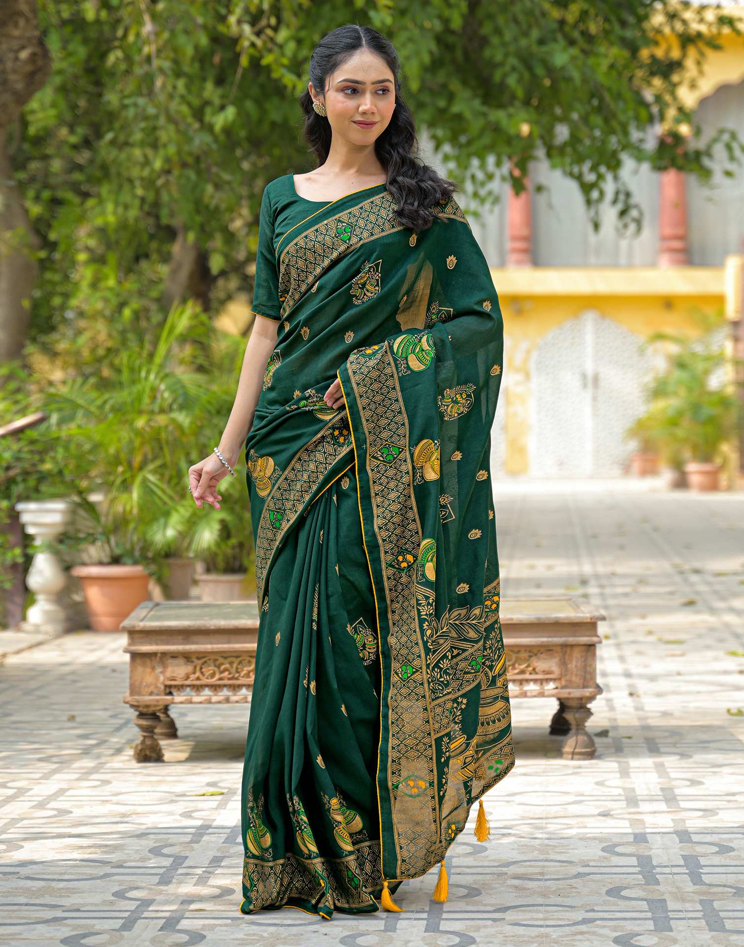 Green Vichitra Silk Foil Printed Saree