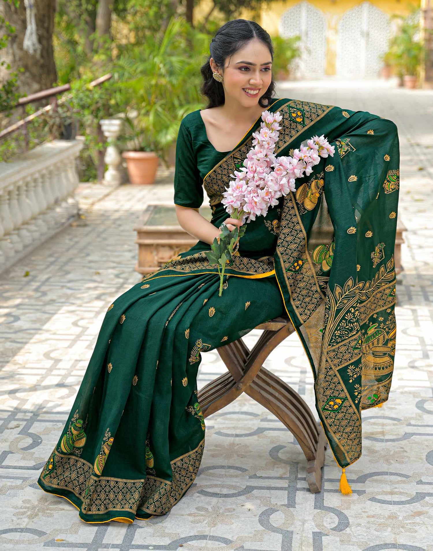 Green Vichitra Silk Foil Printed Saree