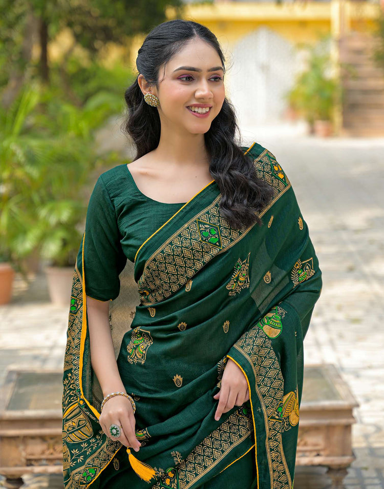 Green Vichitra Silk Foil Printed Saree