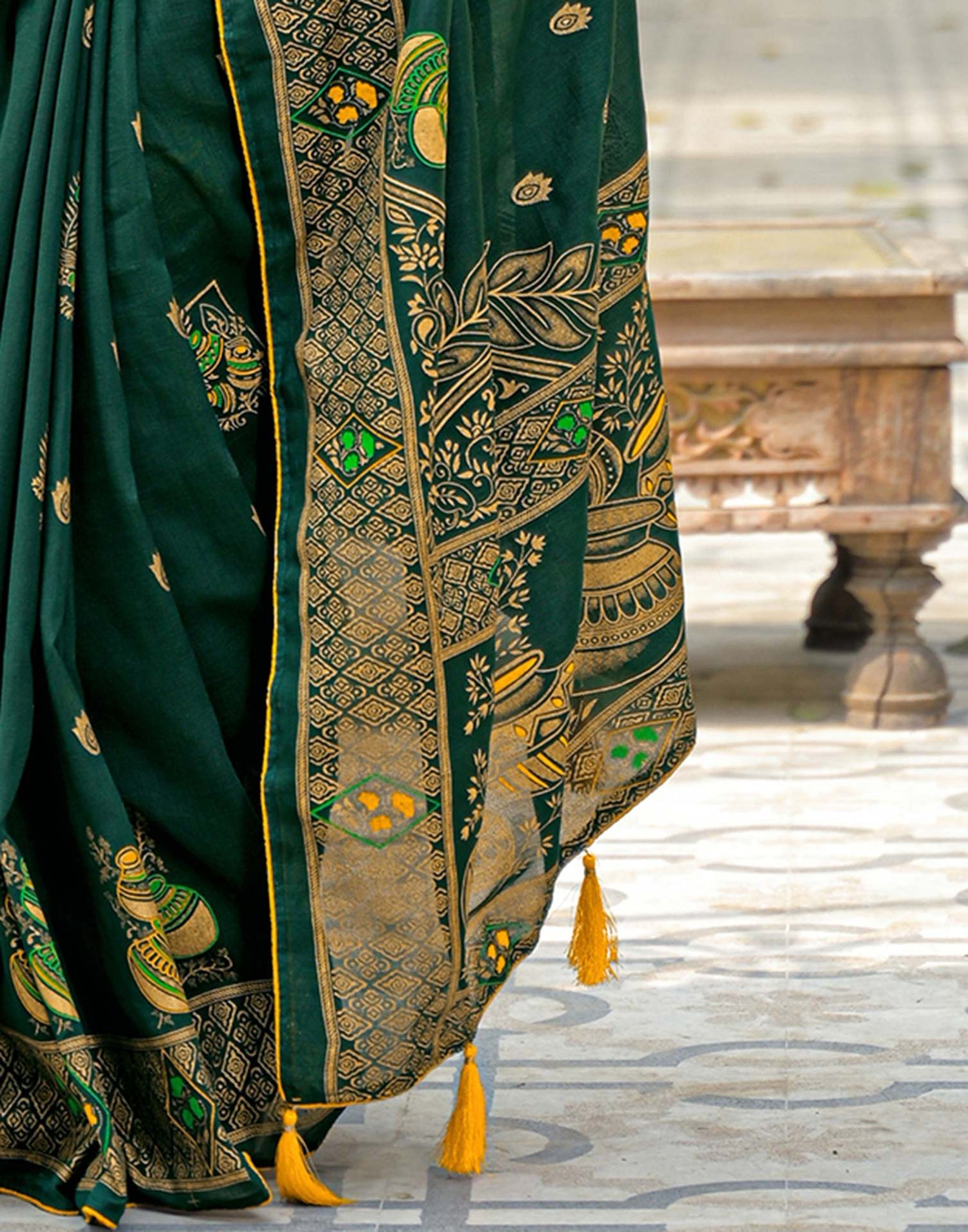 Green Vichitra Silk Foil Printed Saree