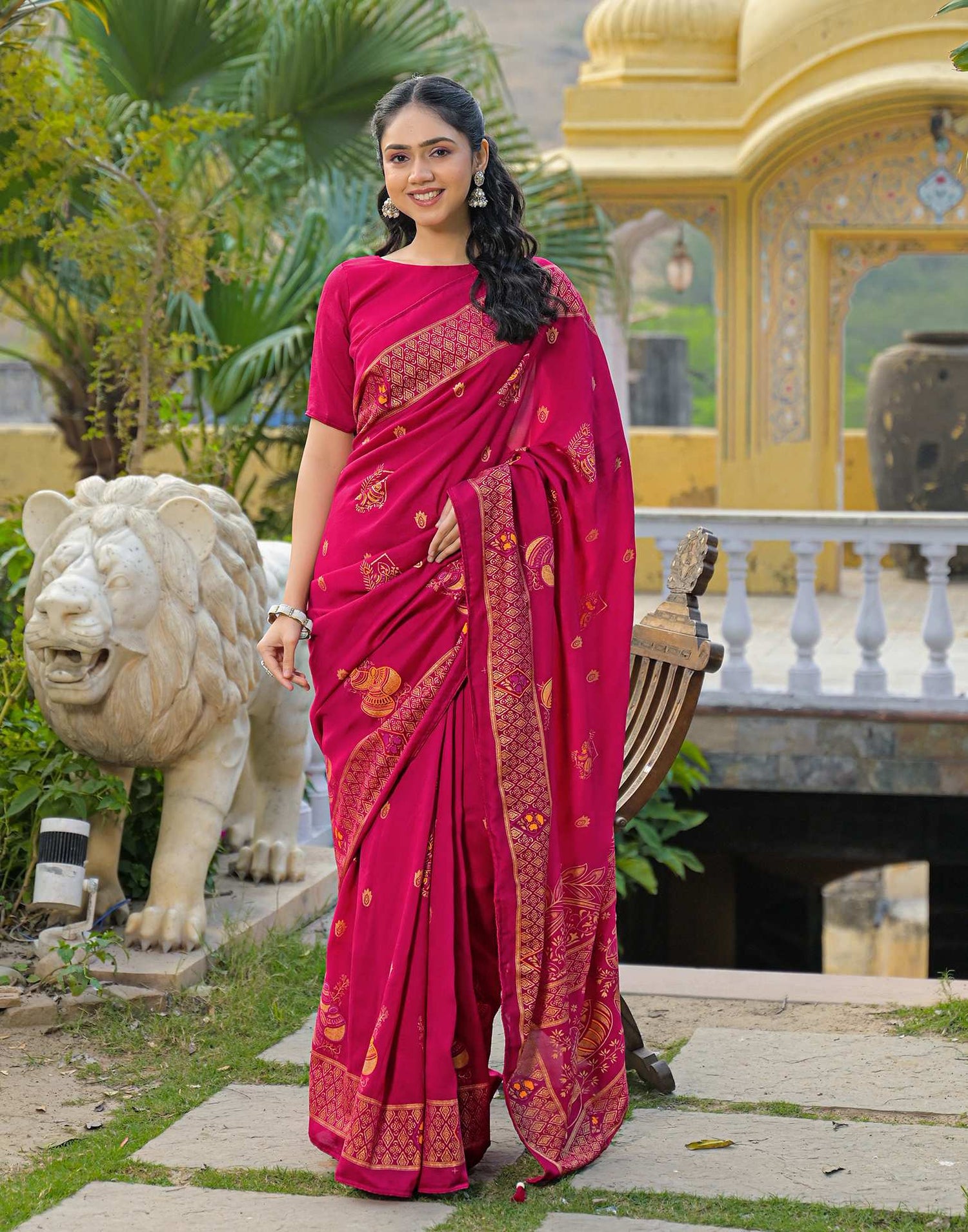 Dark Pink Vichitra Silk Foil Printed Saree