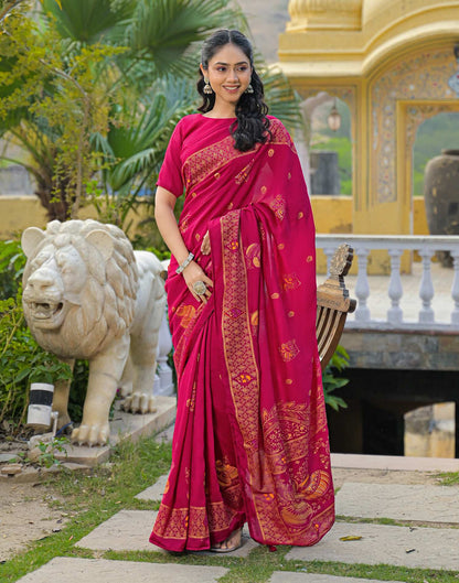 Dark Pink Vichitra Silk Foil Printed Saree