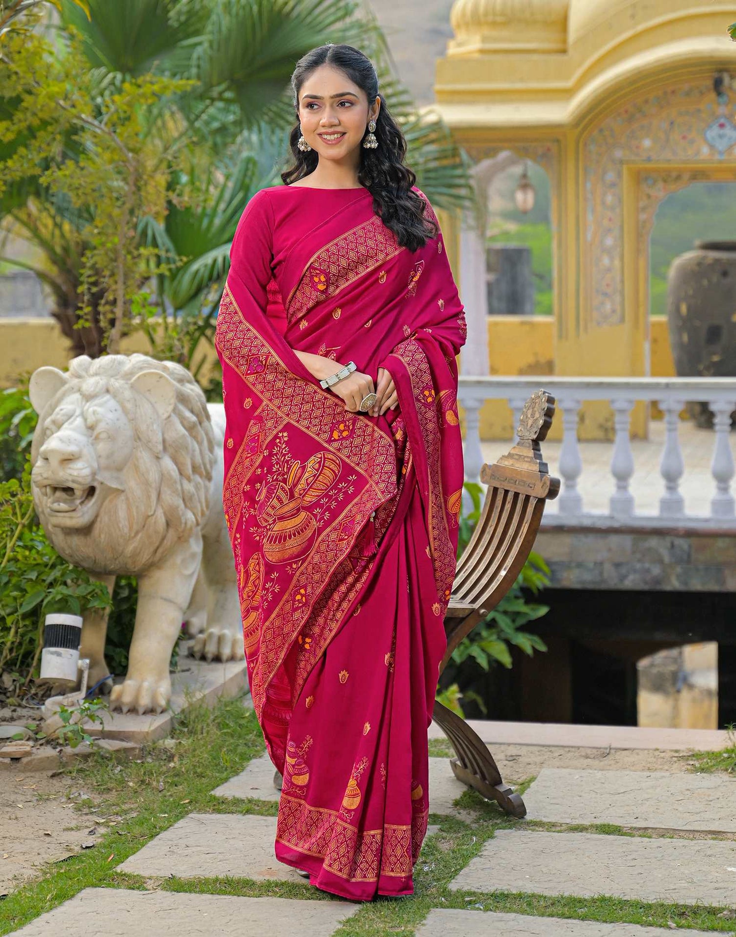 Dark Pink Vichitra Silk Foil Printed Saree