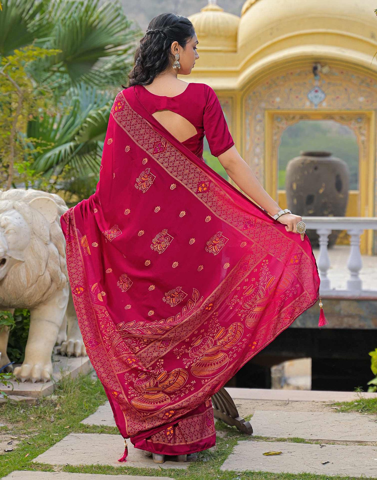 Dark Pink Vichitra Silk Foil Printed Saree