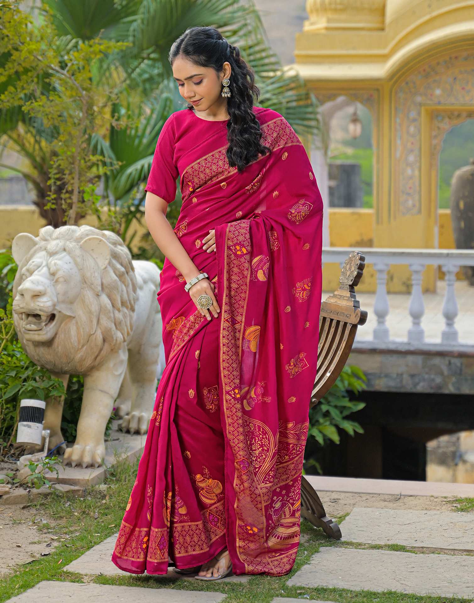 Dark Pink Vichitra Silk Foil Printed Saree