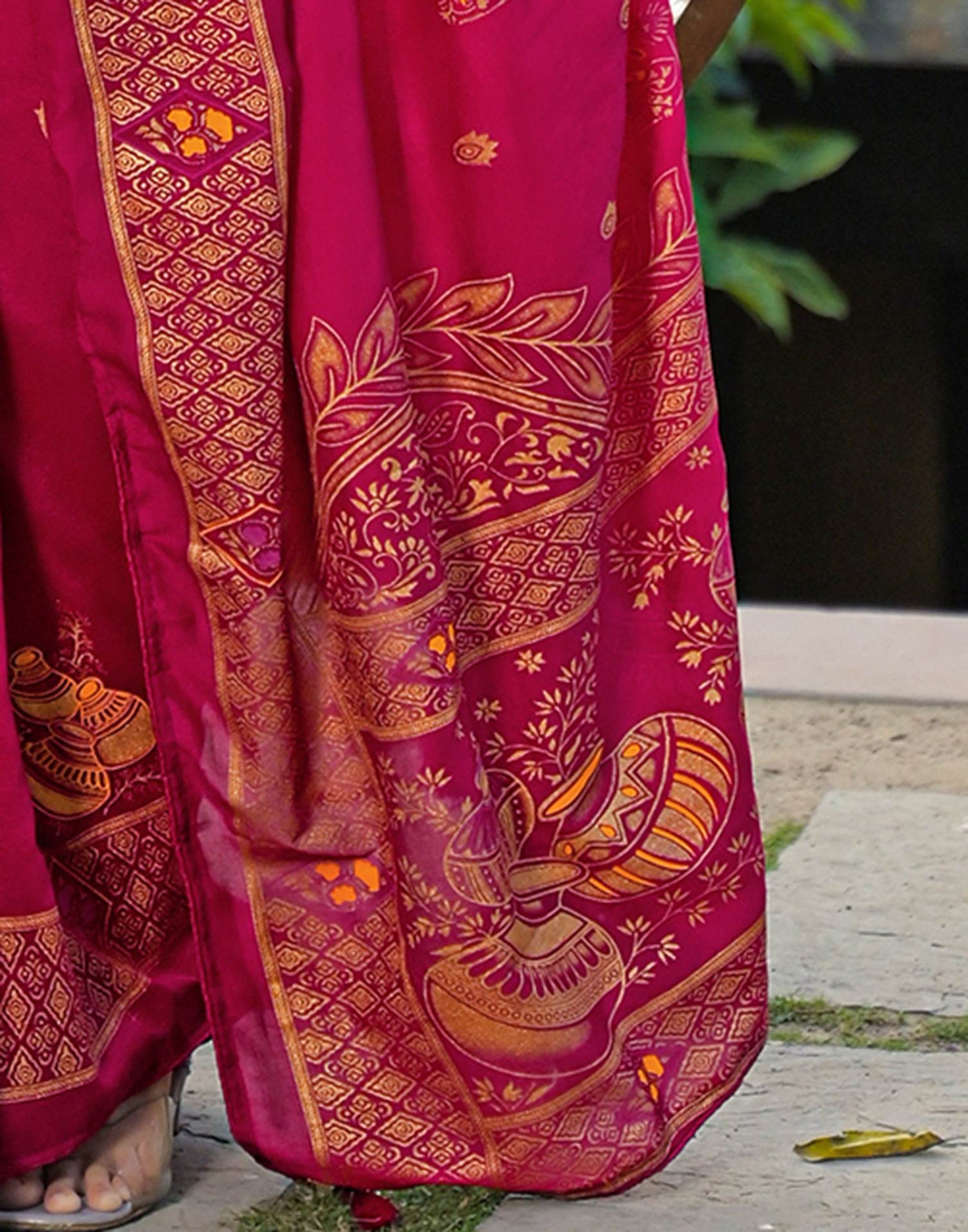 Dark Pink Vichitra Silk Foil Printed Saree