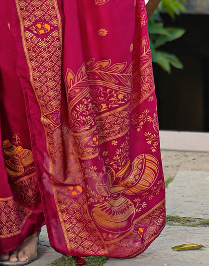 Dark Pink Vichitra Silk Foil Printed Saree