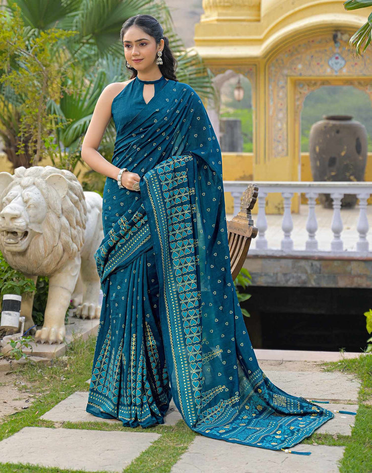 Rama Blue Vichitra Silk Foil Printed Saree