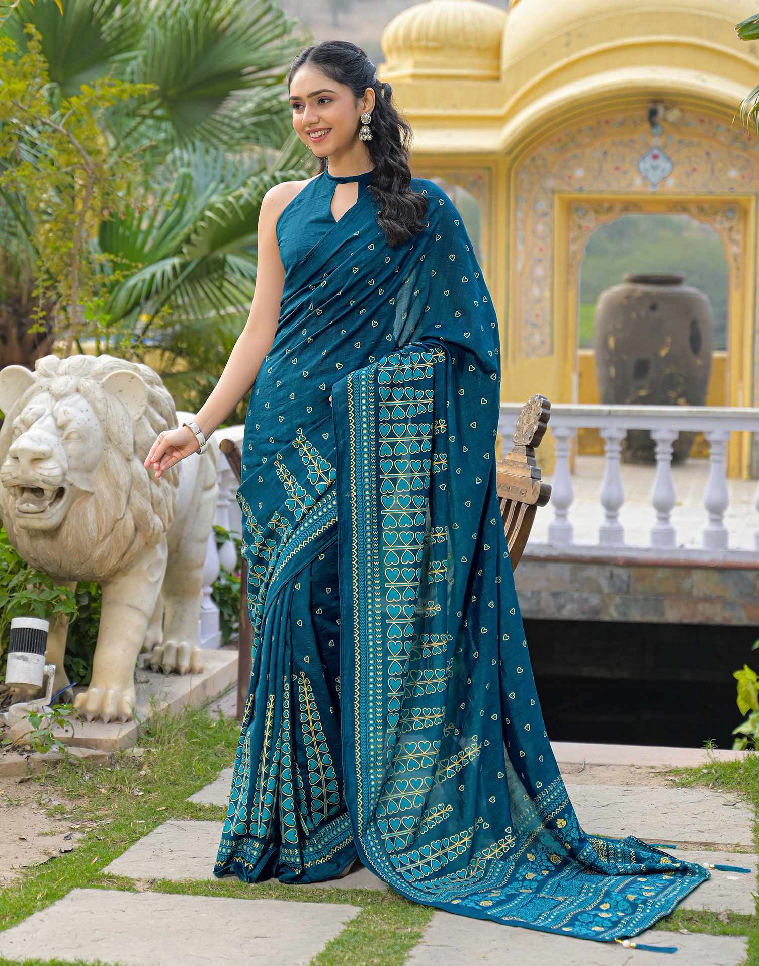 Rama Blue Vichitra Silk Foil Printed Saree