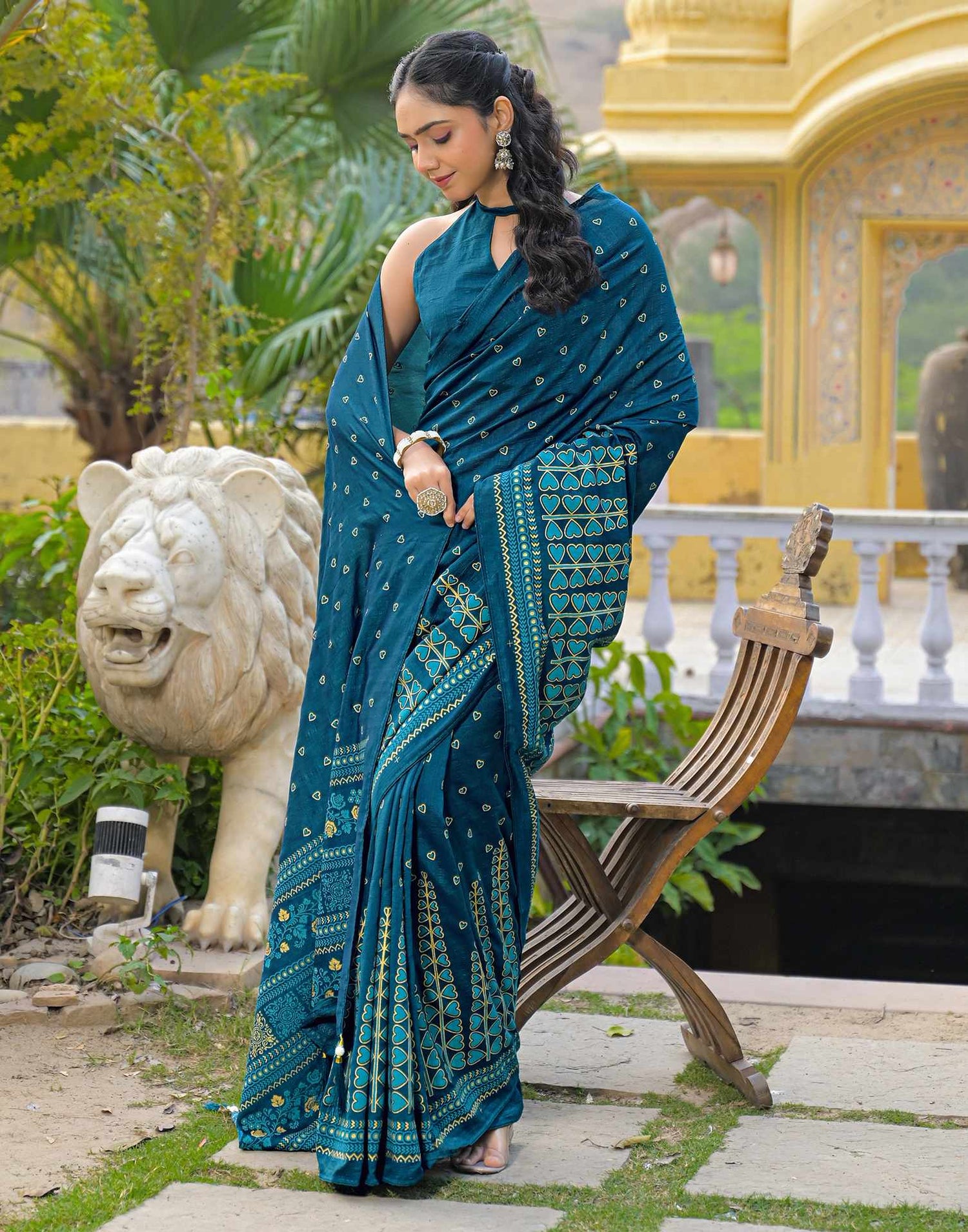 Rama Blue Vichitra Silk Foil Printed Saree