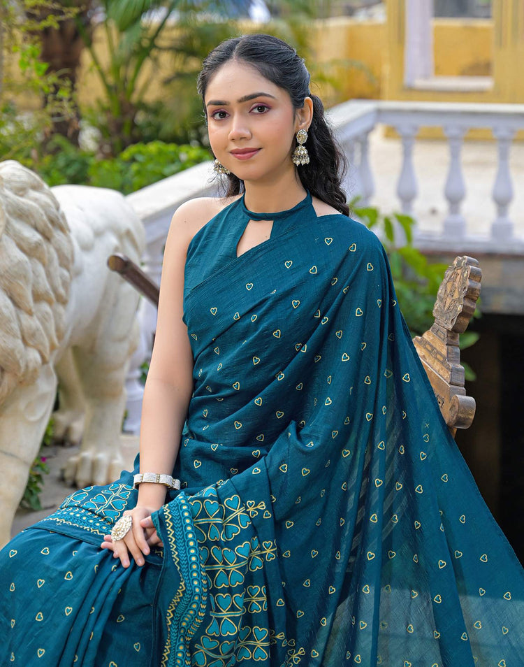 Rama Blue Vichitra Silk Foil Printed Saree