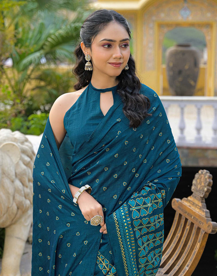 Rama Blue Vichitra Silk Foil Printed Saree