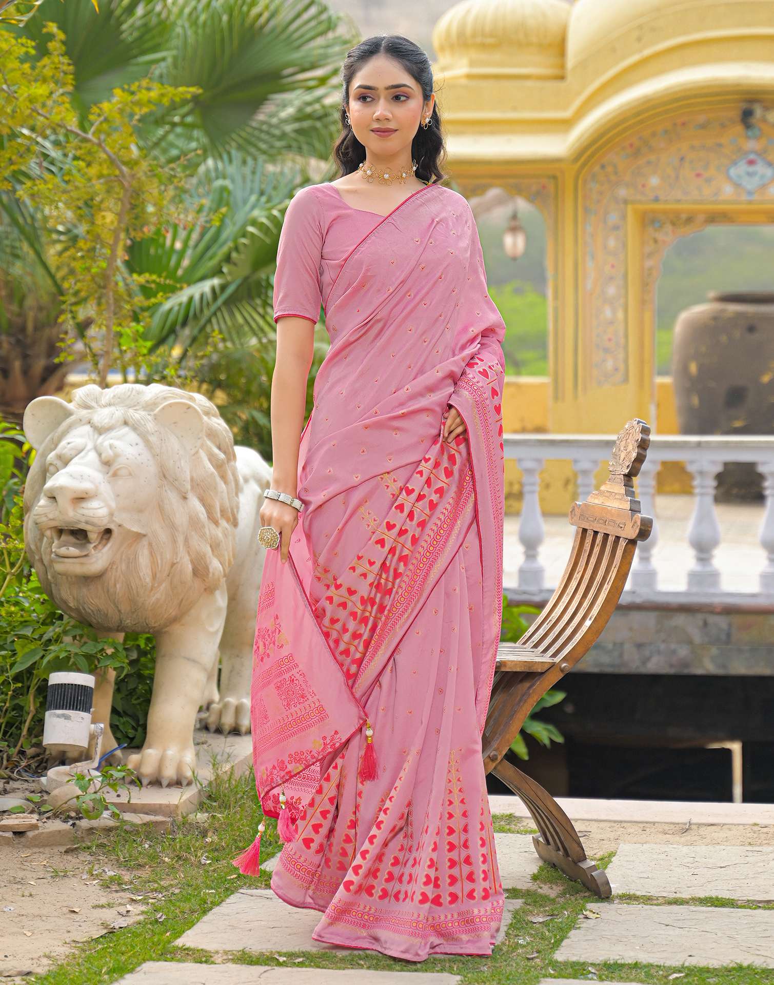 Light Pink Vichitra Silk Foil Printed Saree