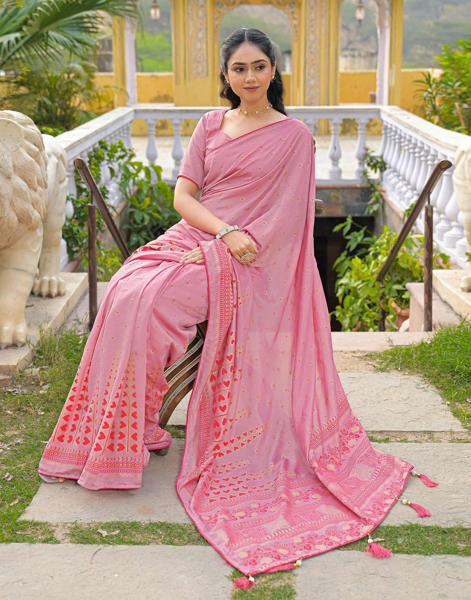 Light Pink Vichitra Silk Foil Printed Saree