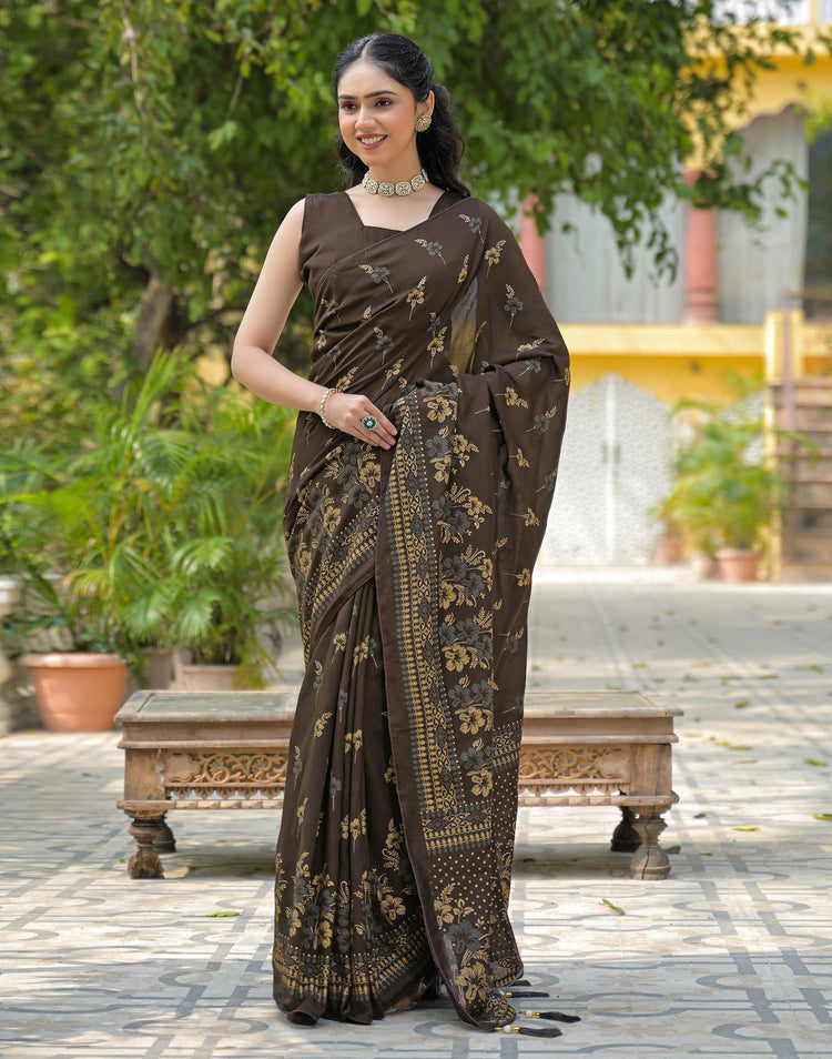 Dark Brown Vichitra Silk Foil Printed Saree