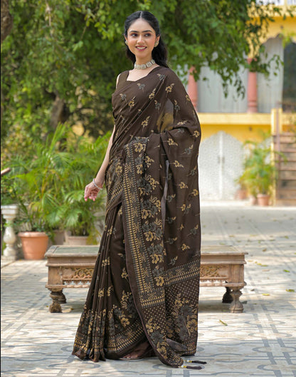Dark Brown Vichitra Silk Foil Printed Saree