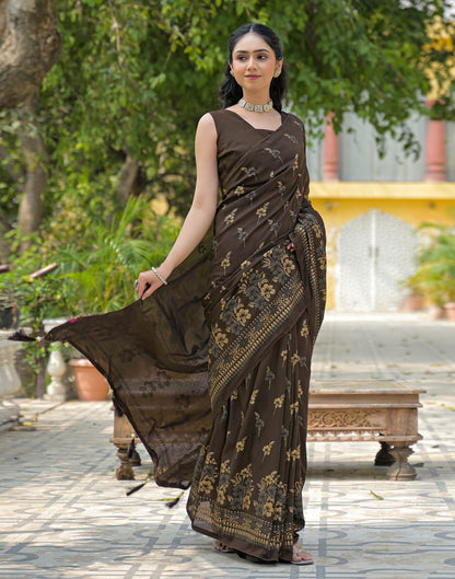 Dark Brown Vichitra Silk Foil Printed Saree