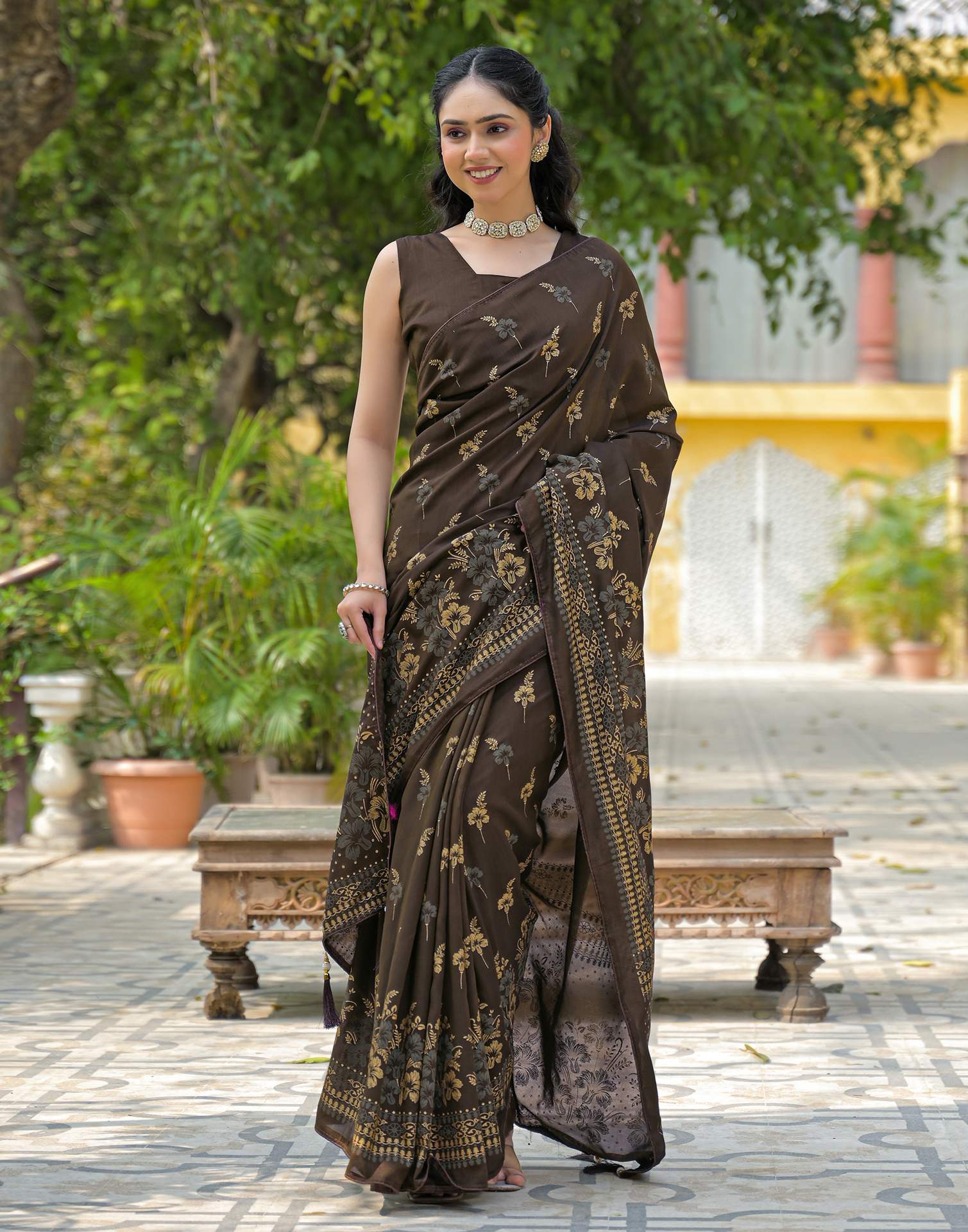 Dark Brown Vichitra Silk Foil Printed Saree