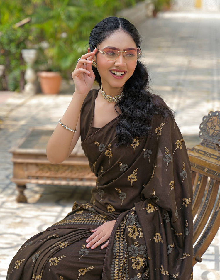 Dark Brown Vichitra Silk Foil Printed Saree