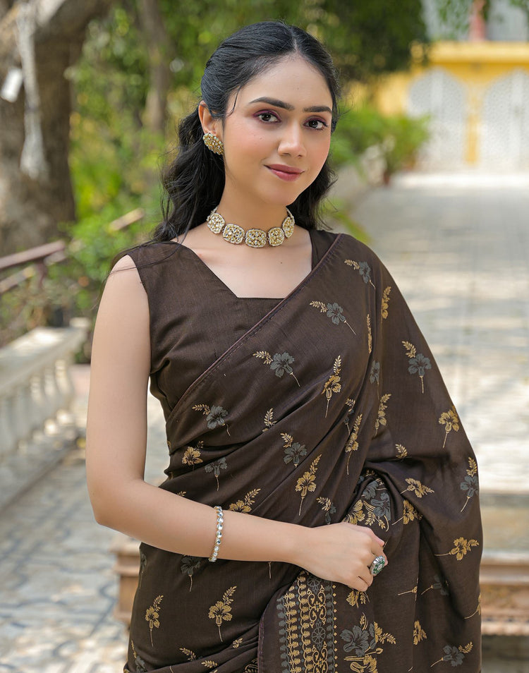 Dark Brown Vichitra Silk Foil Printed Saree