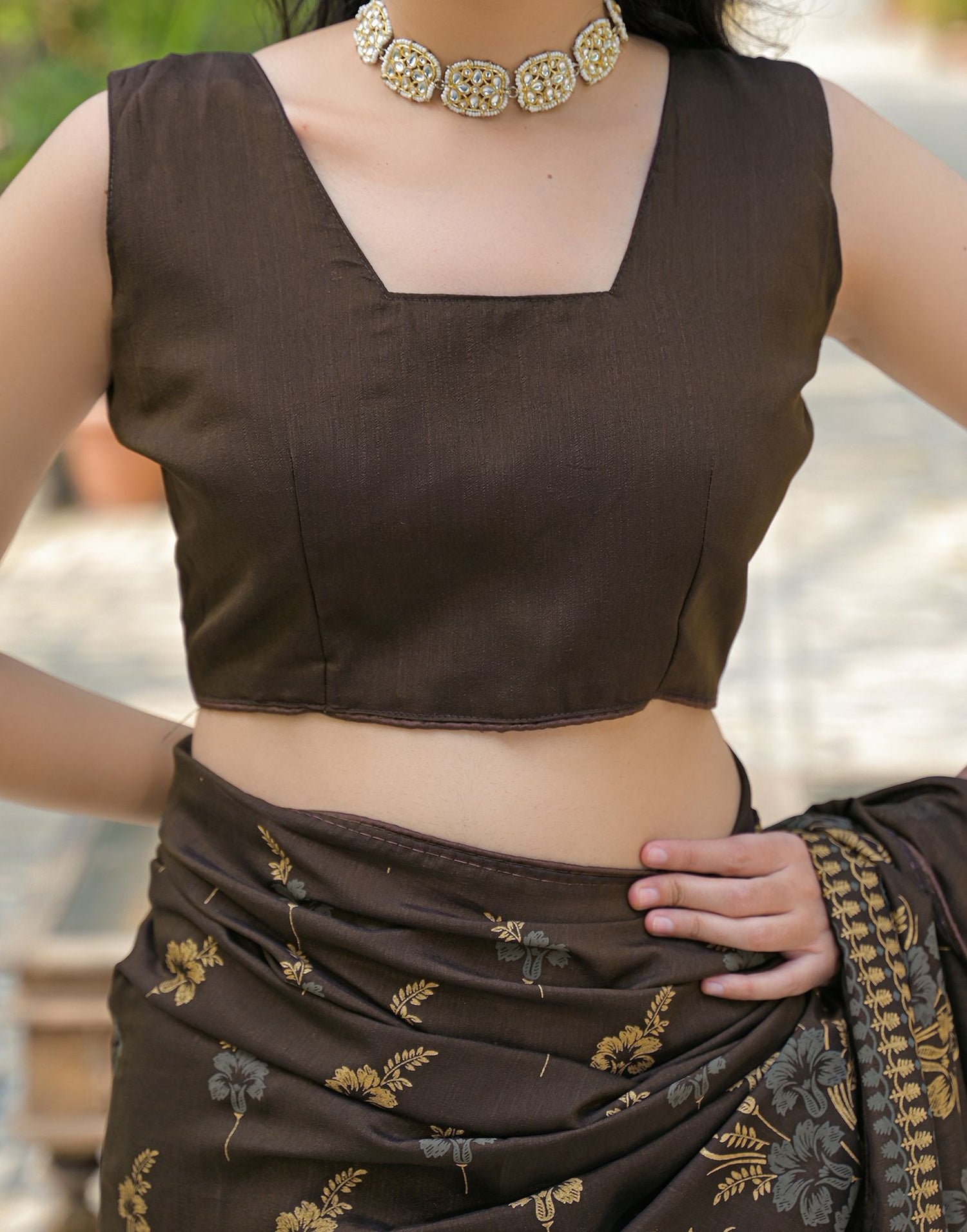 Dark Brown Vichitra Silk Foil Printed Saree