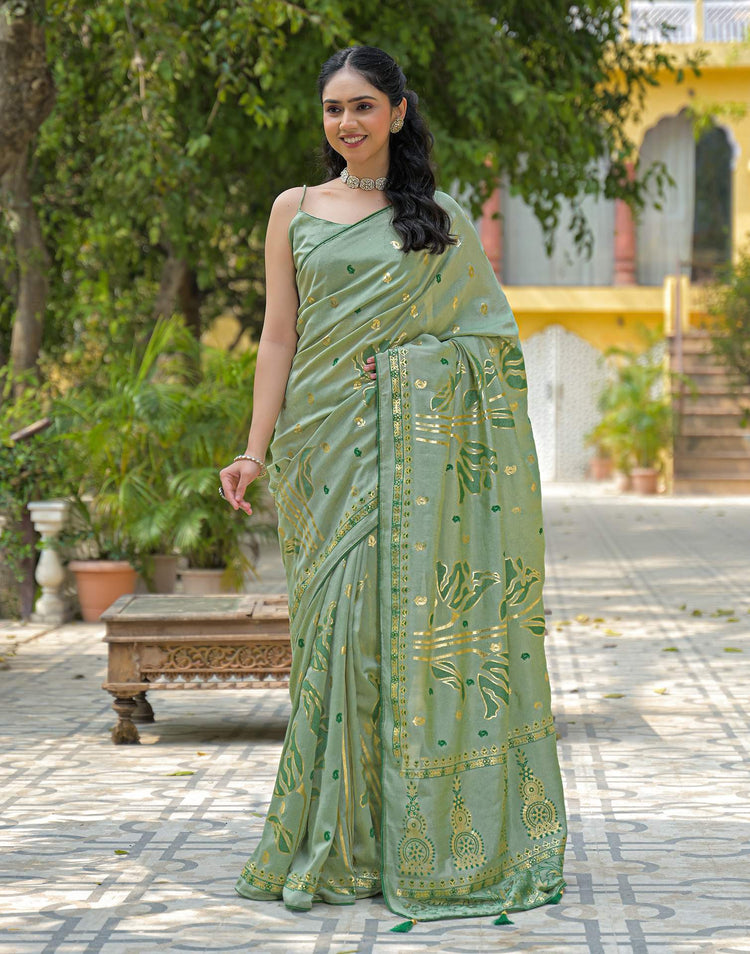 Pista Green Vichitra Silk Foil Printed Saree