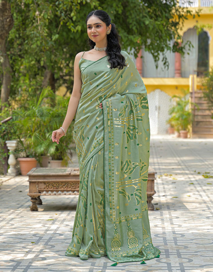 Pista Green Vichitra Silk Foil Printed Saree