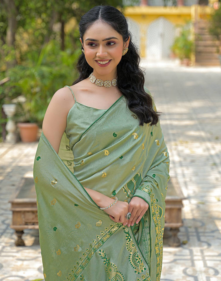 Pista Green Vichitra Silk Foil Printed Saree
