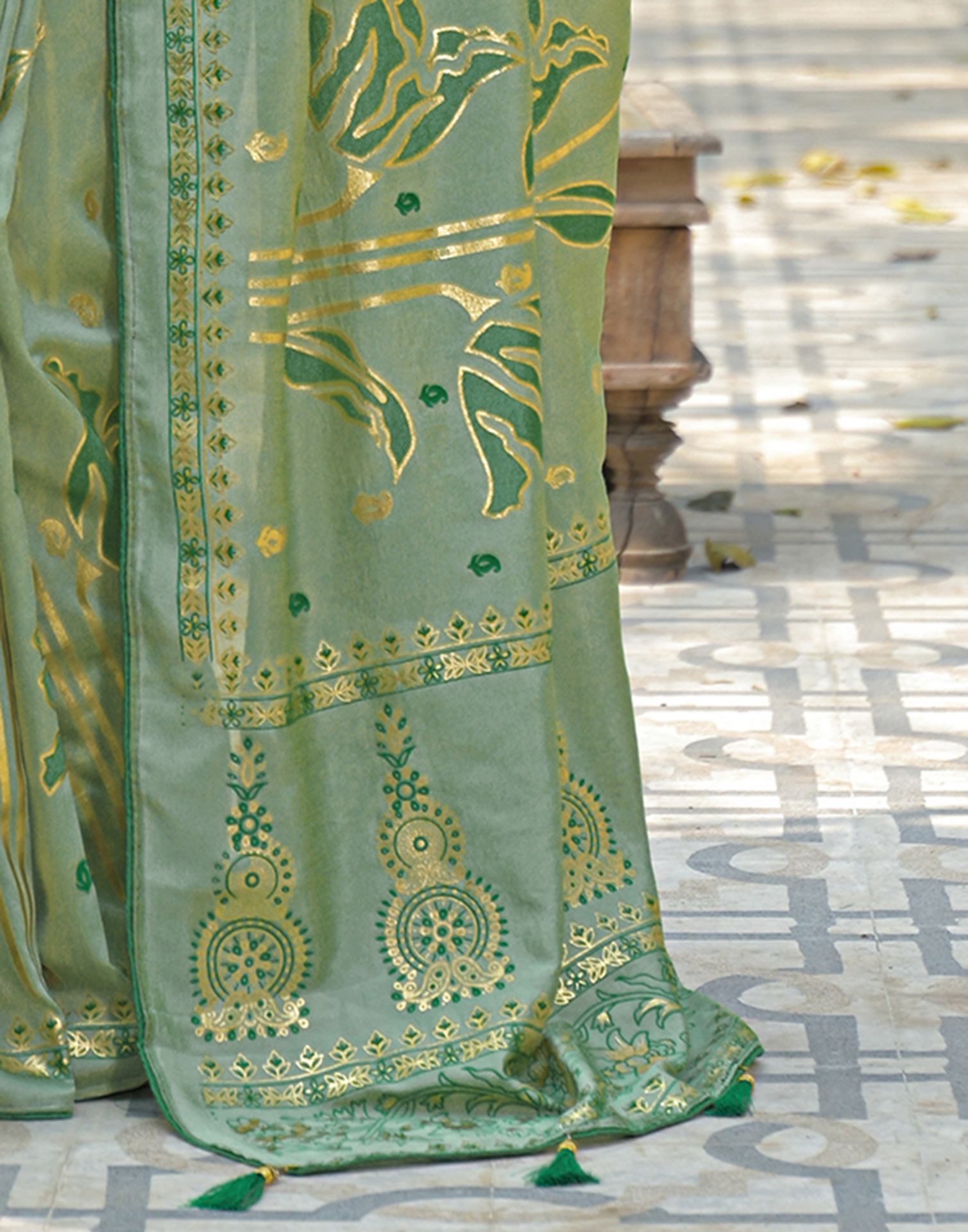 Pista Green Vichitra Silk Foil Printed Saree