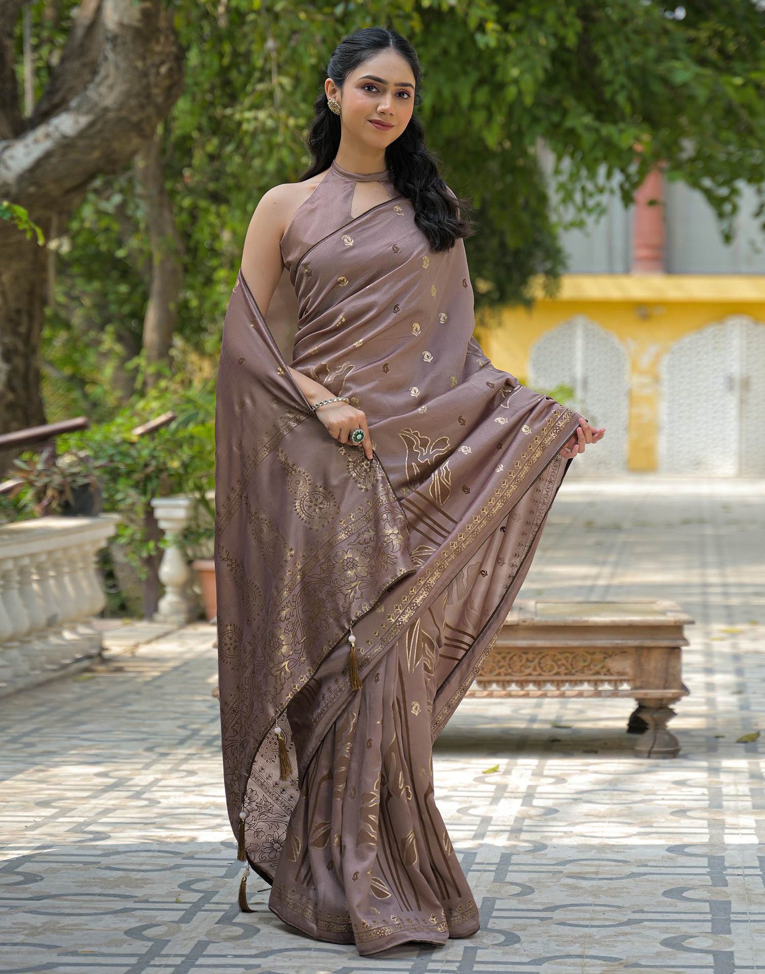 Mauve Vichitra Silk Foil Printed Saree