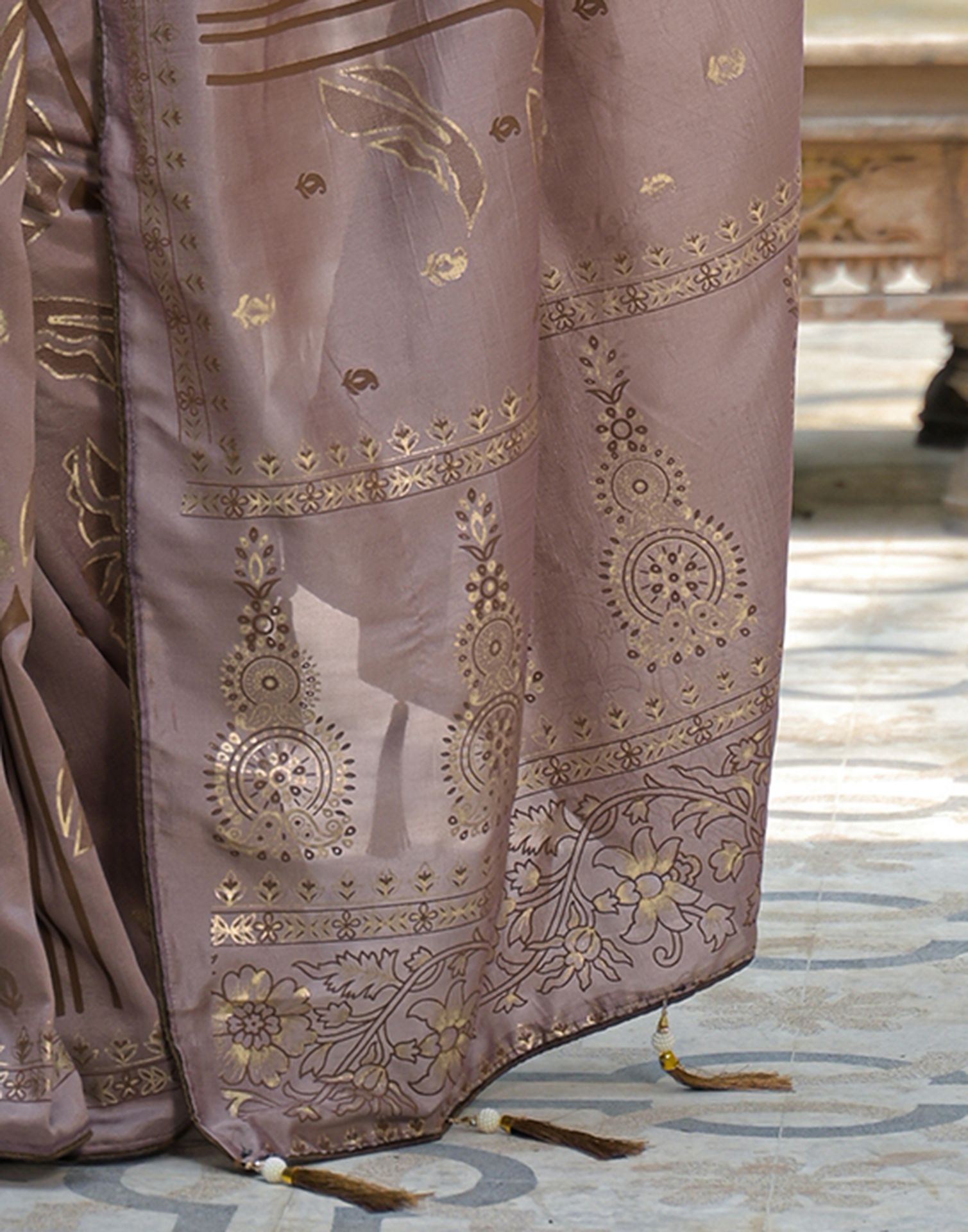 Mauve Vichitra Silk Foil Printed Saree