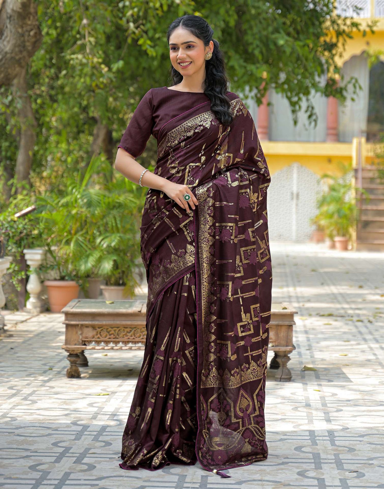 Coffee Brown Vichitra Silk Foil Printed Saree