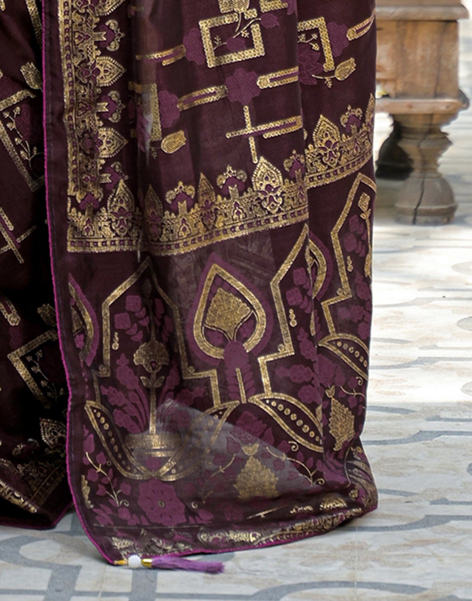 Coffee Brown Vichitra Silk Foil Printed Saree