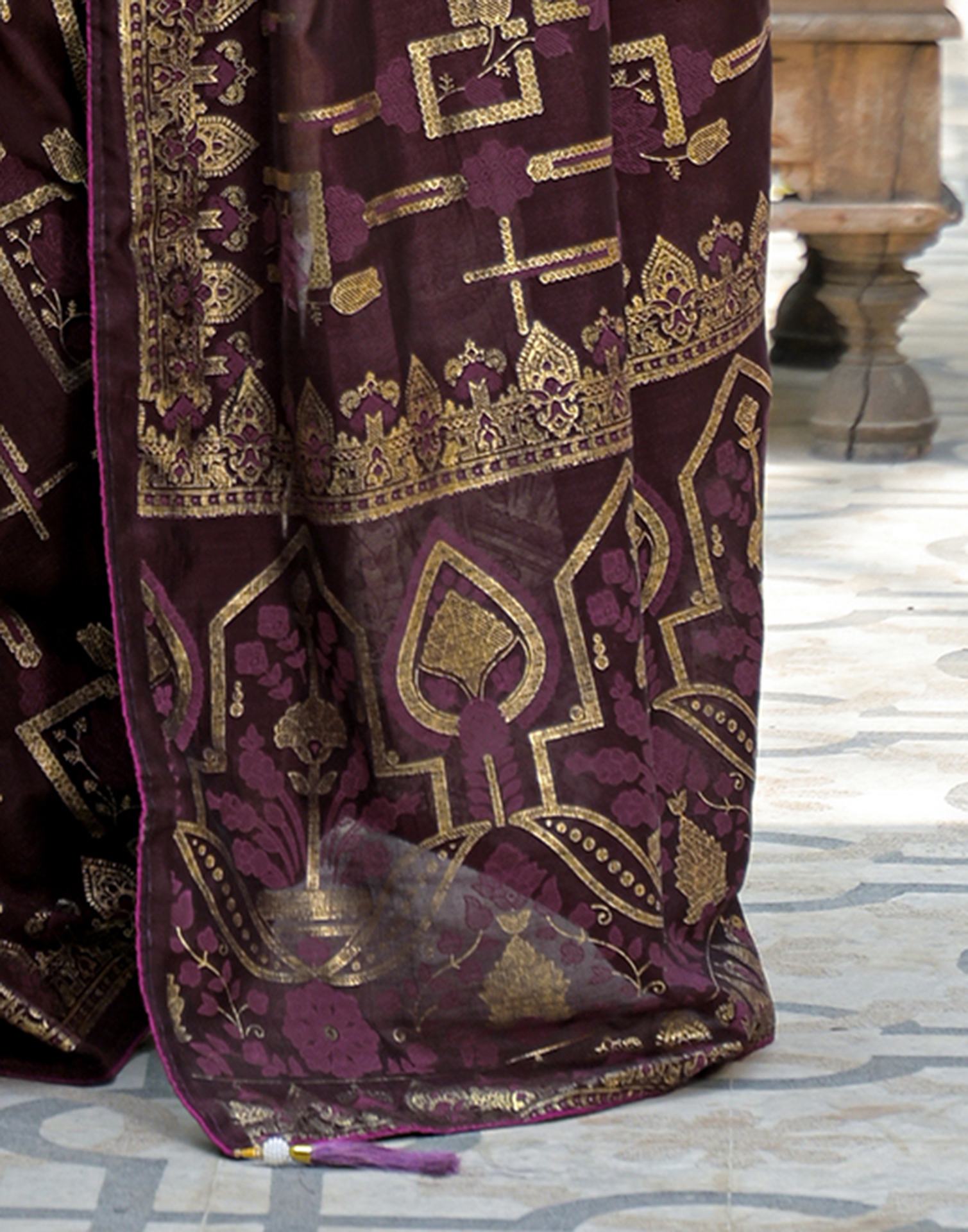 Coffee Brown Vichitra Silk Foil Printed Saree