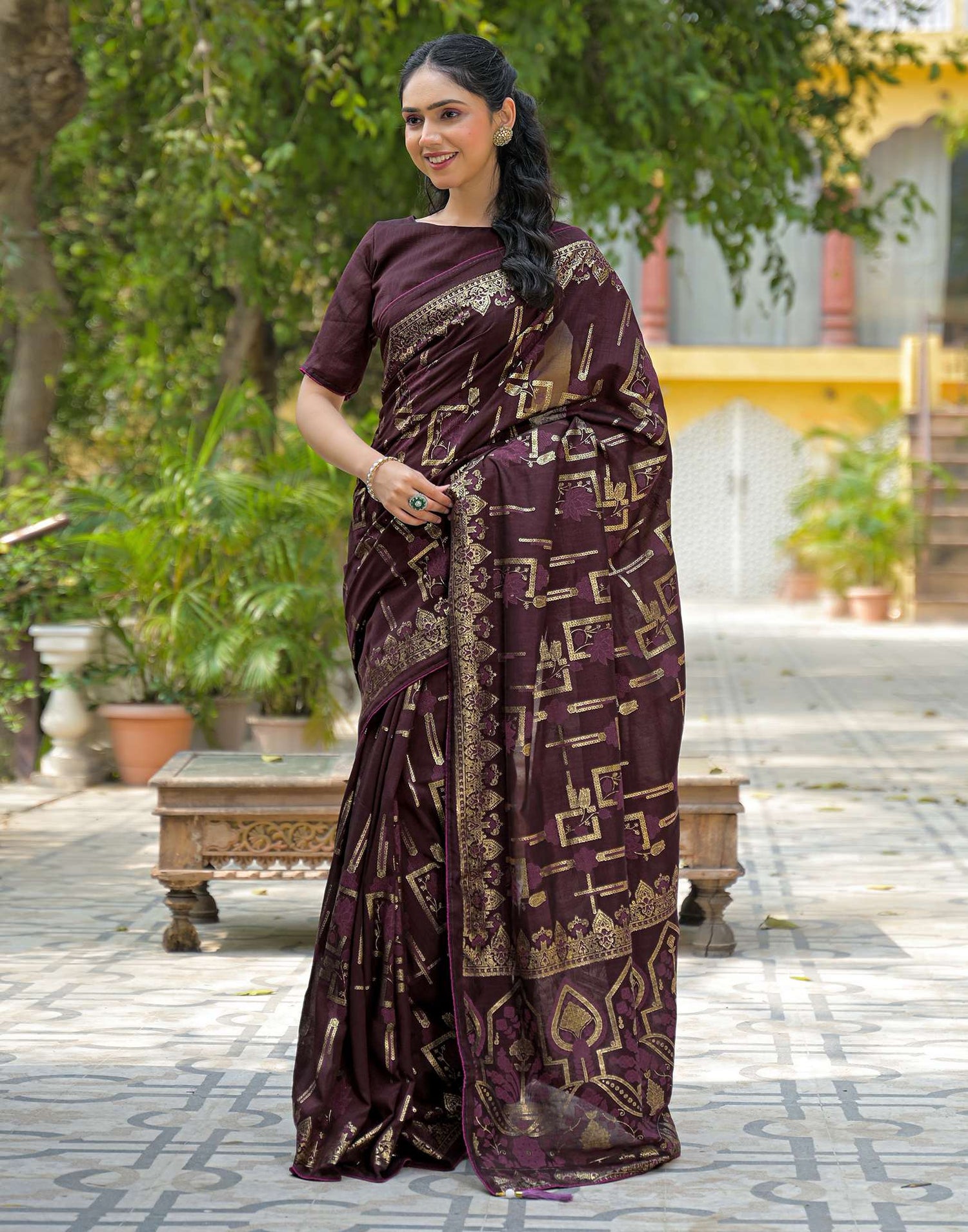 Coffee Brown Vichitra Silk Foil Printed Saree
