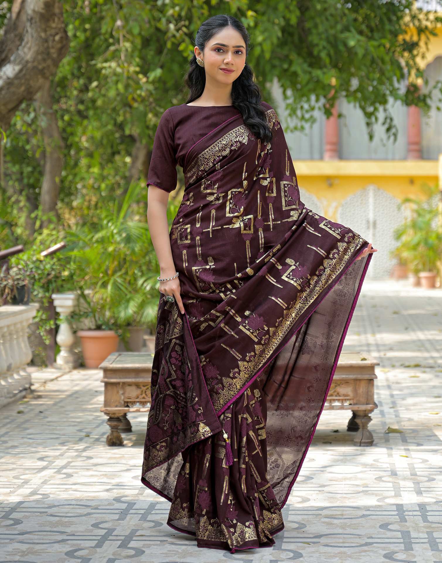 Coffee Brown Vichitra Silk Foil Printed Saree