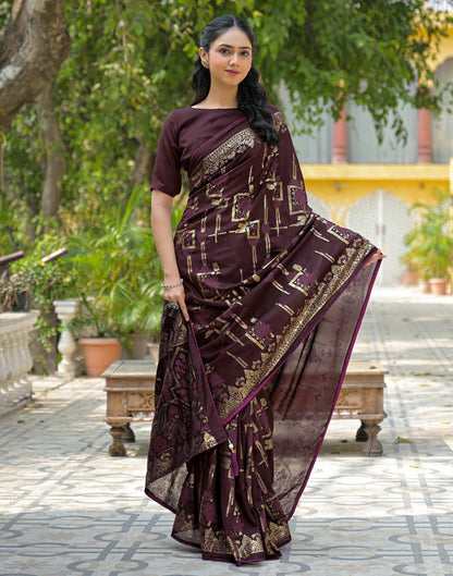 Coffee Brown Vichitra Silk Foil Printed Saree