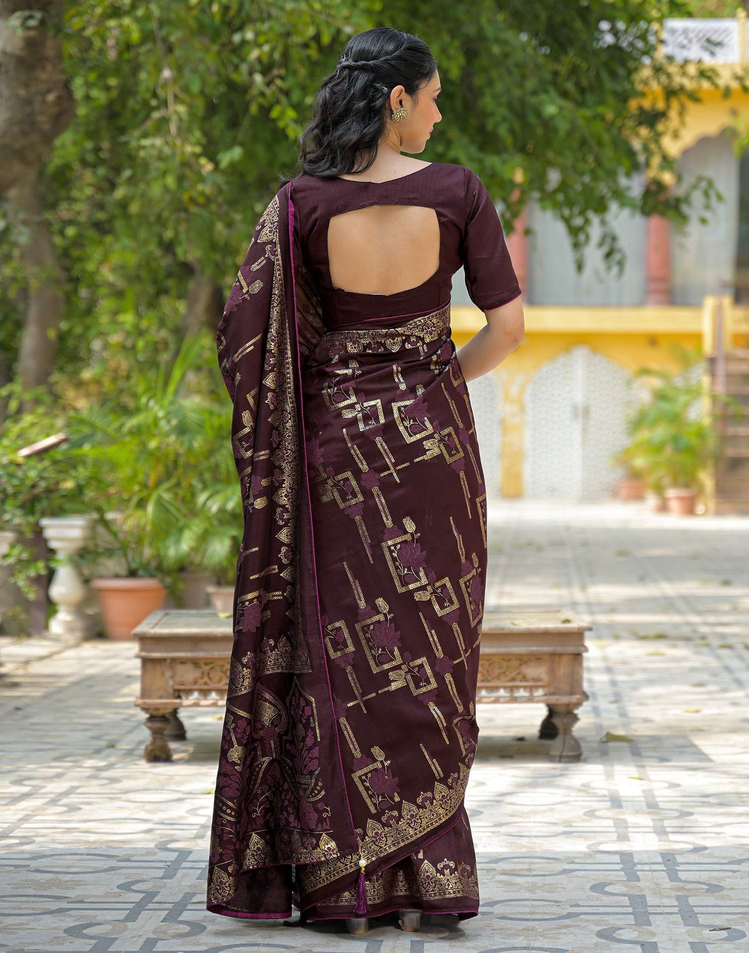 Coffee Brown Vichitra Silk Foil Printed Saree