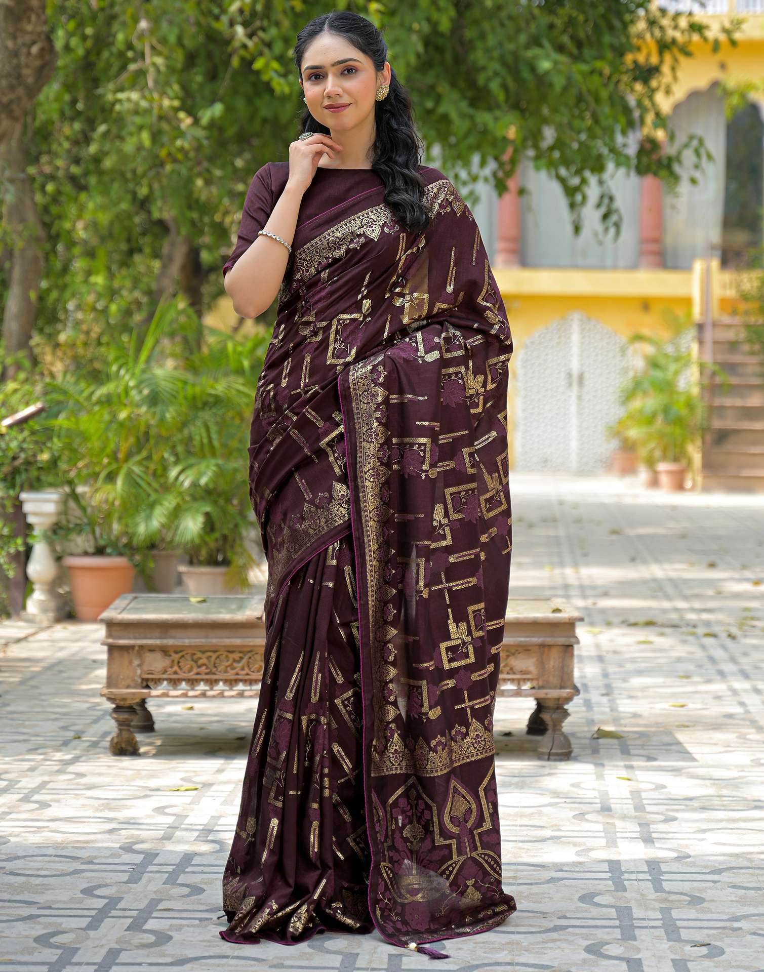Coffee Brown Vichitra Silk Foil Printed Saree