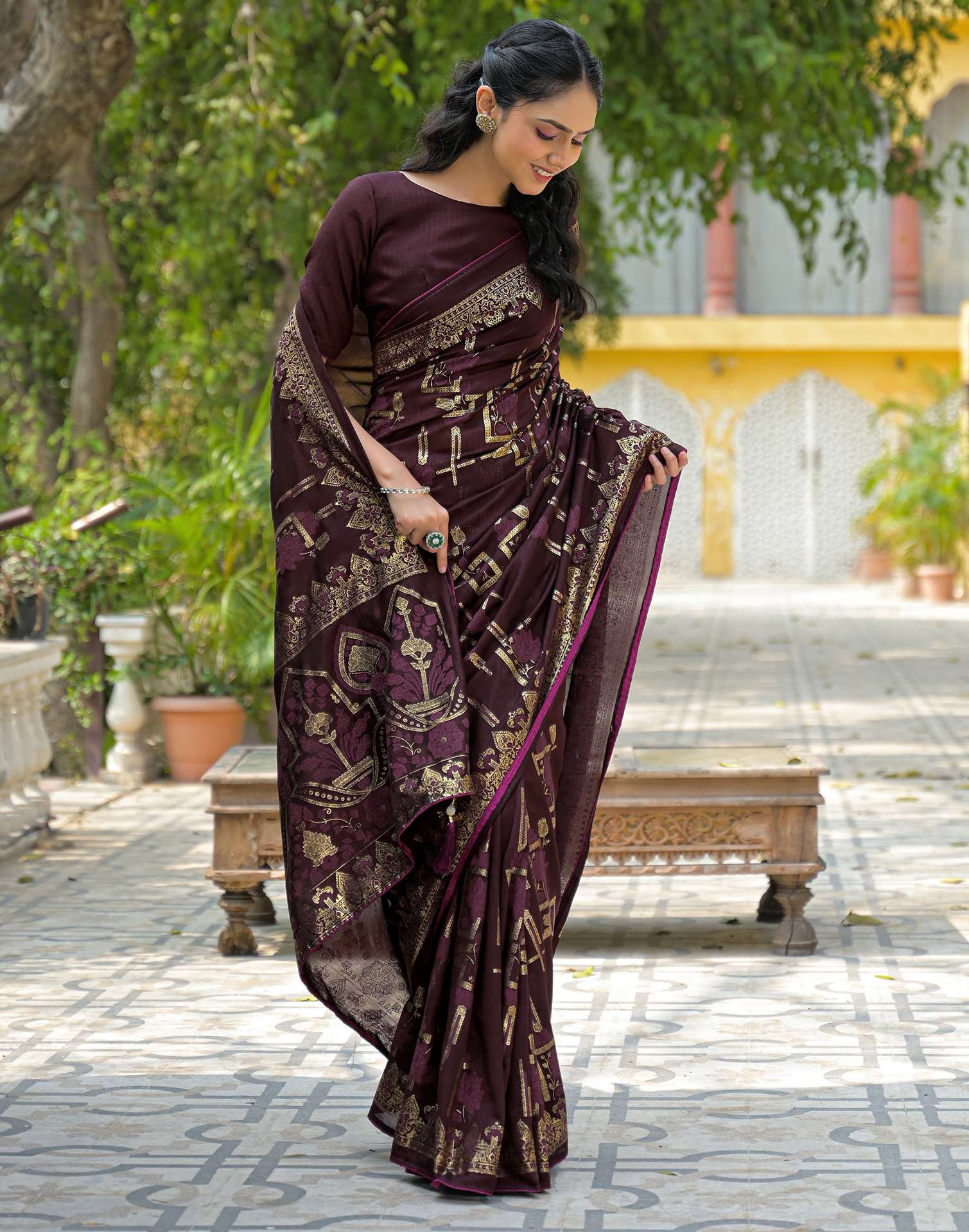 Coffee Brown Vichitra Silk Foil Printed Saree
