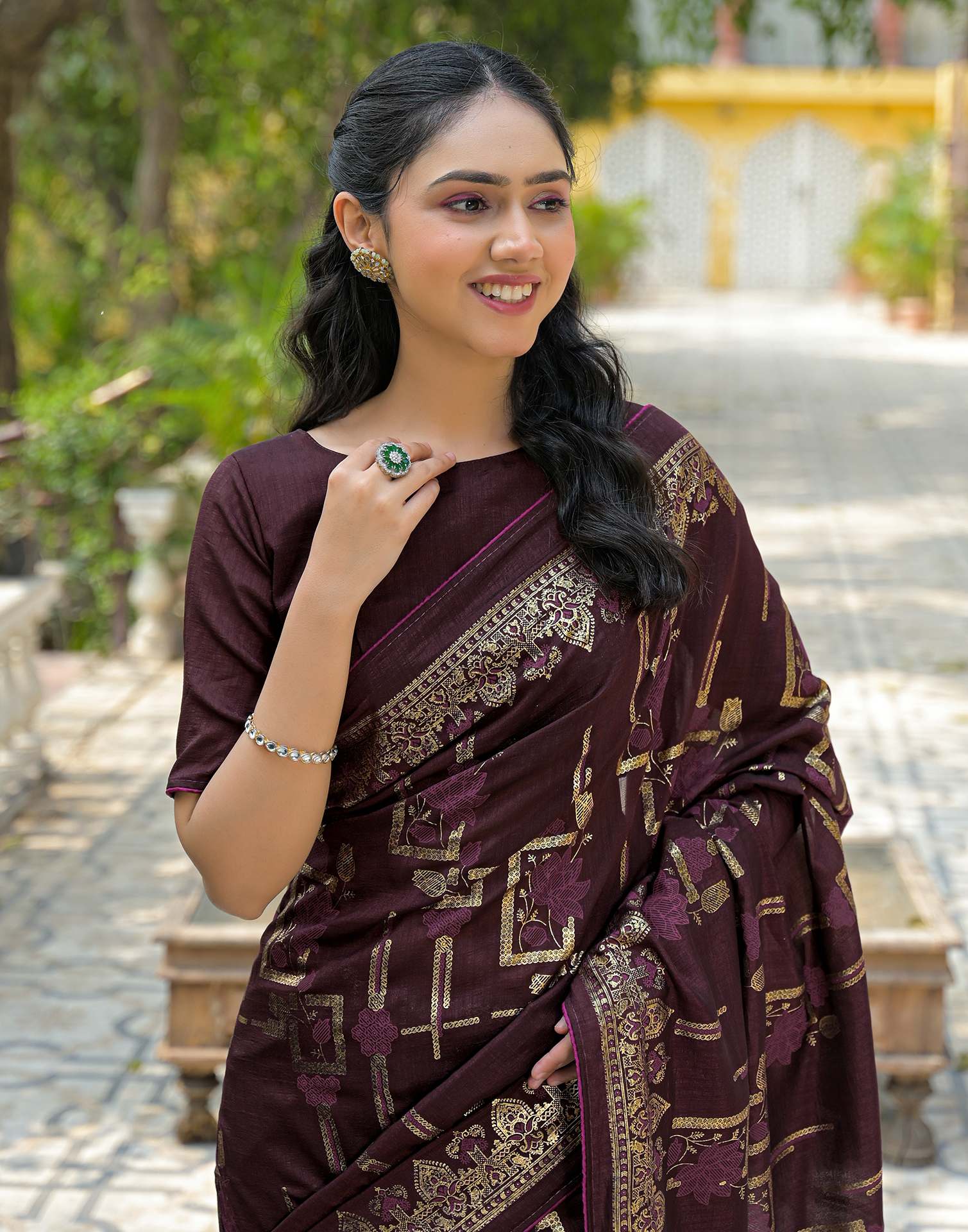 Coffee Brown Vichitra Silk Foil Printed Saree