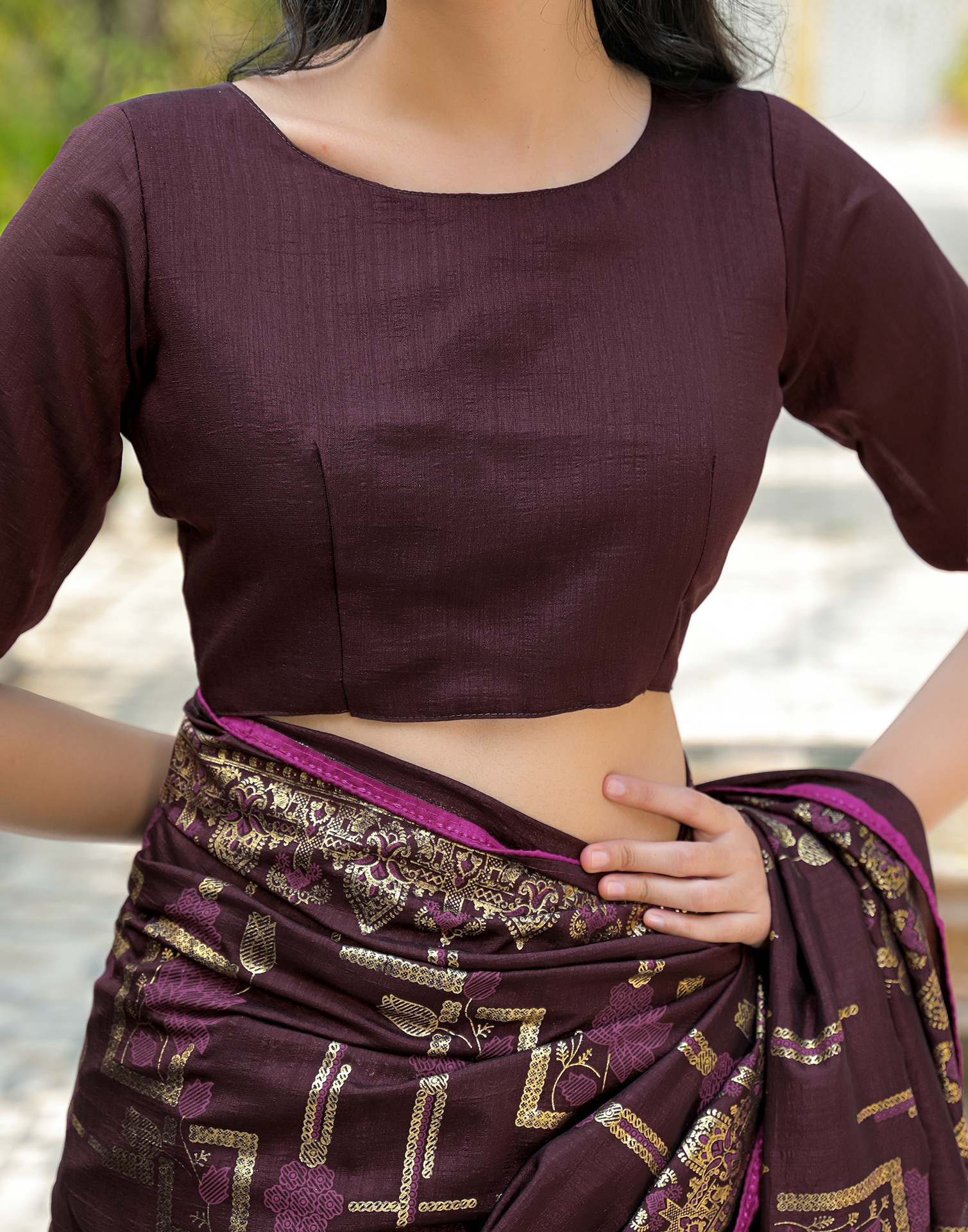 Coffee Brown Vichitra Silk Foil Printed Saree