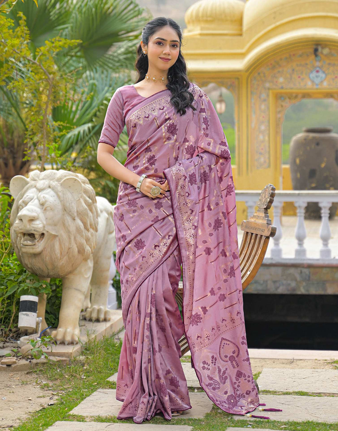 Dusty Mauve Vichitra Silk Foil Printed Saree